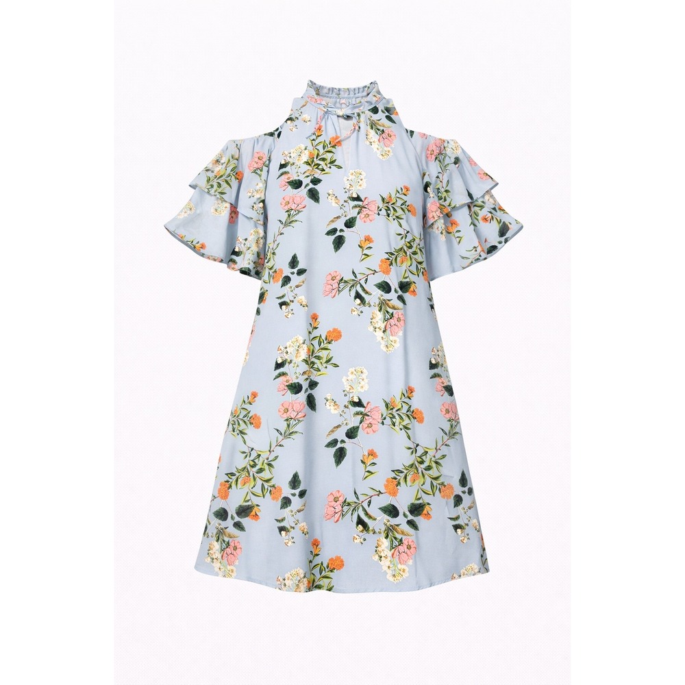 Parker Cold Shoulder Floral Ruffle Neck Tie Neck Dress Women's Size L‎